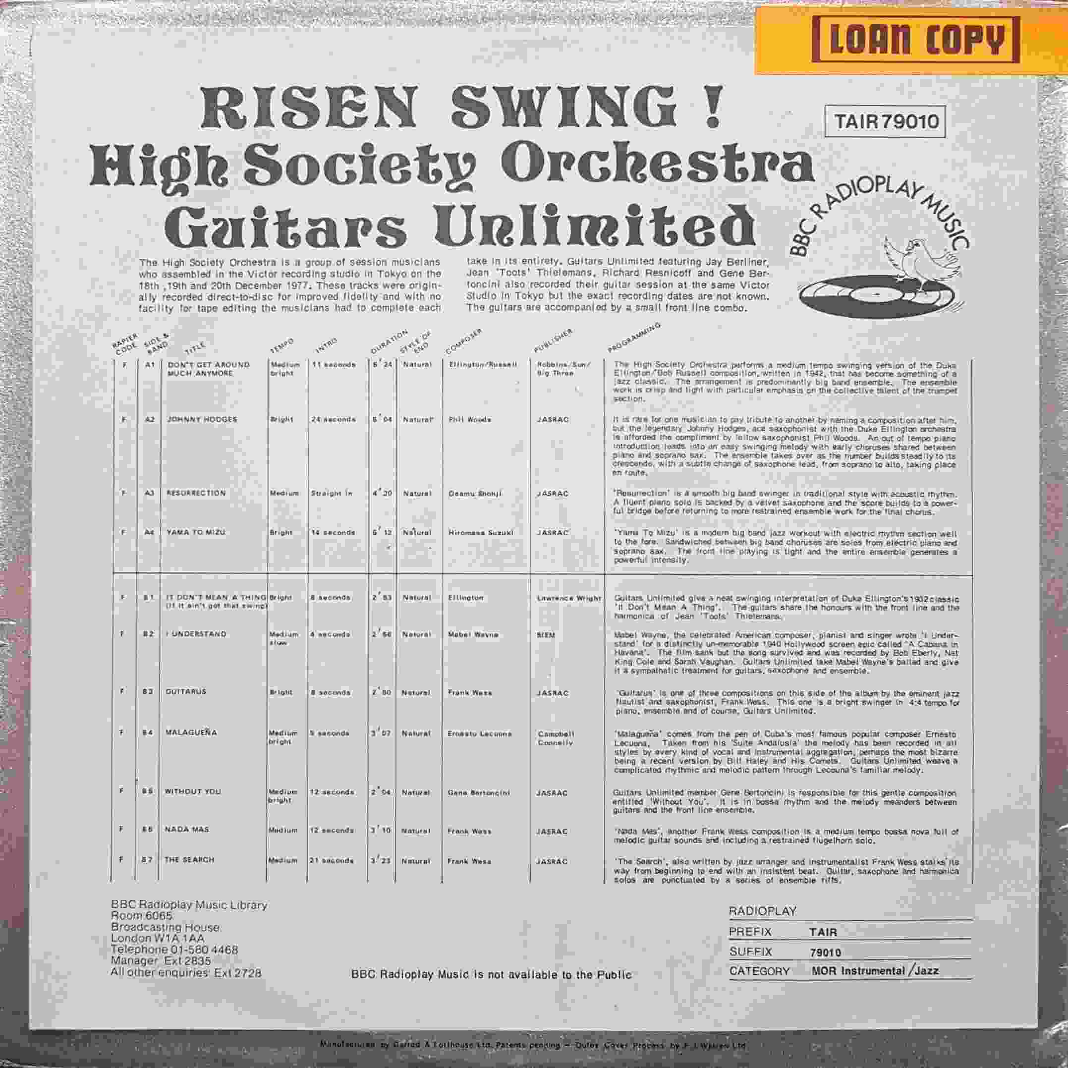 Picture of TAIR 79010 Risen swing! by artist High Society Orchestra Guitars Unlimited from the BBC records and Tapes library
